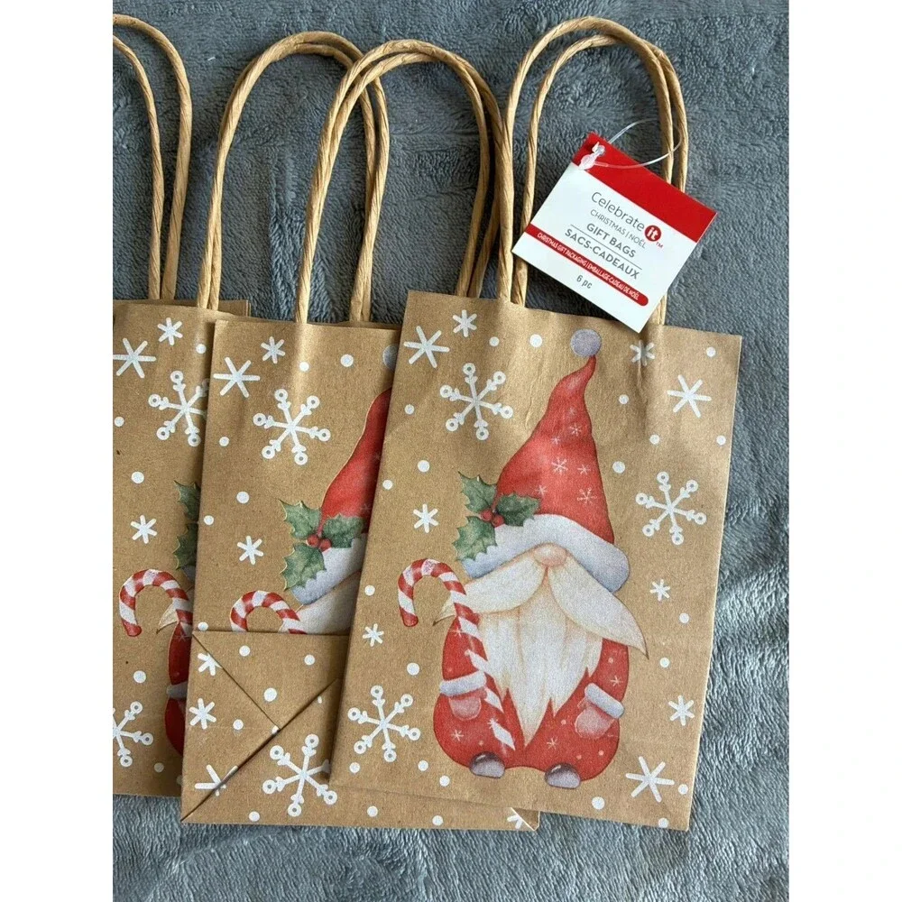 Set of 6 Mini Christmas Gift Bags Gnome Kraft Paper Holiday Bags